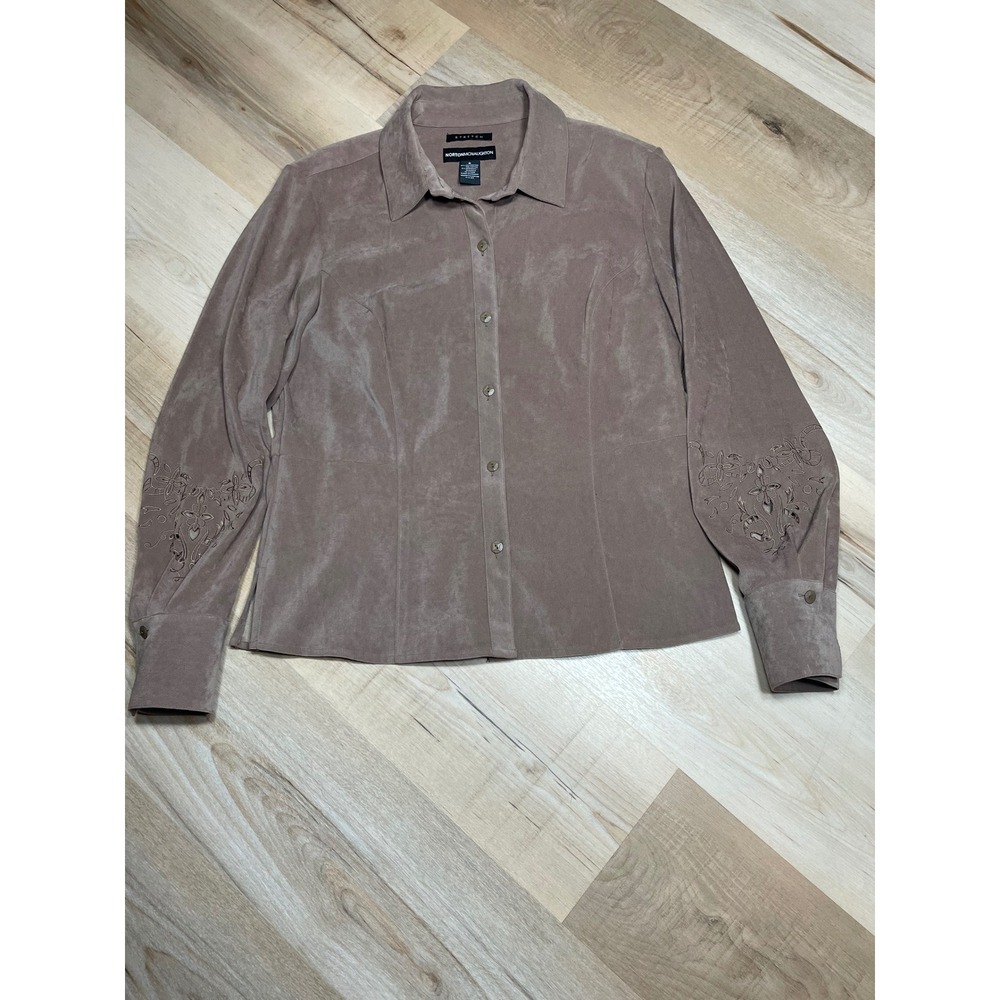 Norton McNaughton Womens Faux Suede Embroidered Button Down Shirt Taupe Size 8 - Picture 5 of 9
